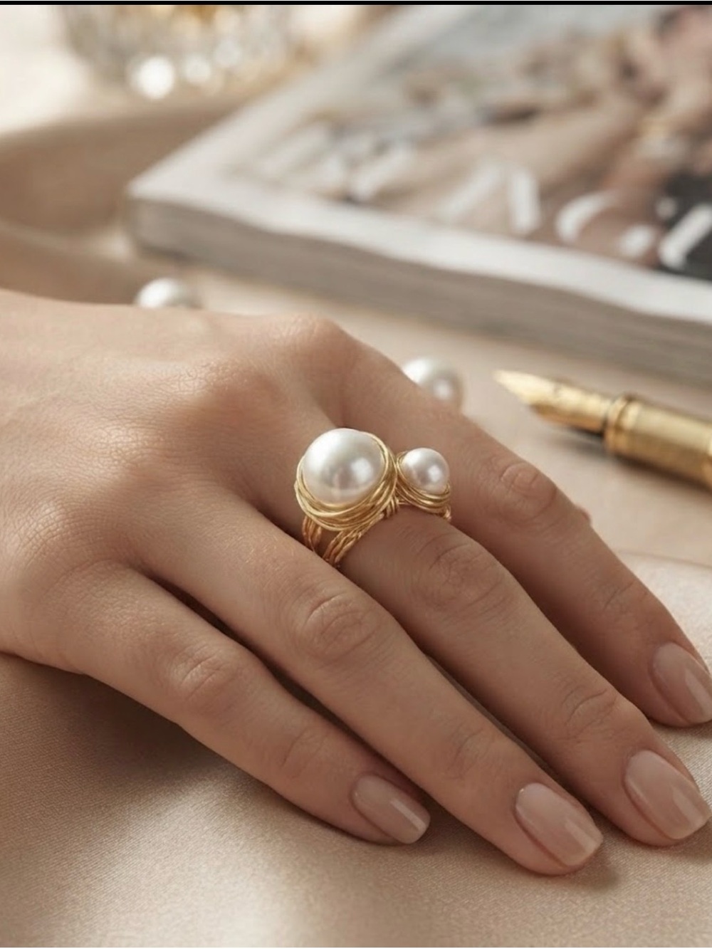 Wire wrapped Gold Pearl faux Double-Row Ring - White Pearls All sizes available